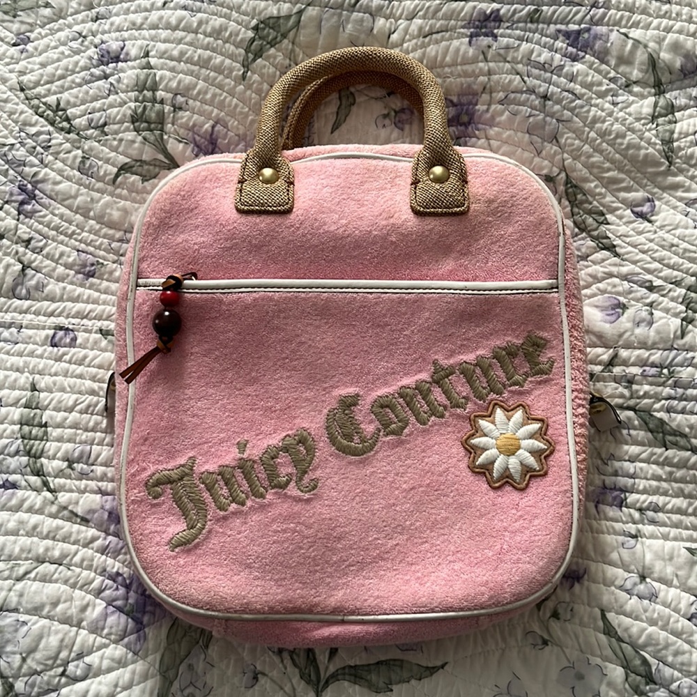 Vintage RARE Juicy Couture light pink terry/raffia make up bag/purse.